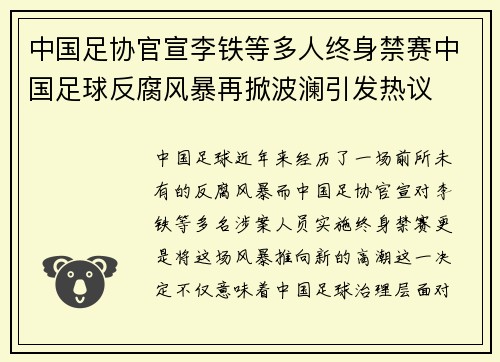 中国足协官宣李铁等多人终身禁赛中国足球反腐风暴再掀波澜引发热议 中国足协官宣李铁等多人终身禁赛中国足球反腐风暴再掀波澜引发热议