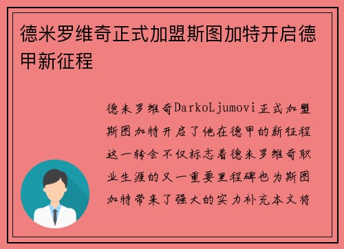 德米罗维奇正式加盟斯图加特开启德甲新征程 德米罗维奇正式加盟斯图加特开启德甲新征程