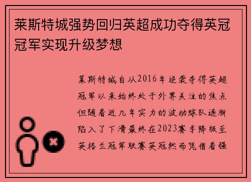 莱斯特城强势回归英超成功夺得英冠冠军实现升级梦想 莱斯特城强势回归英超成功夺得英冠冠军实现升级梦想